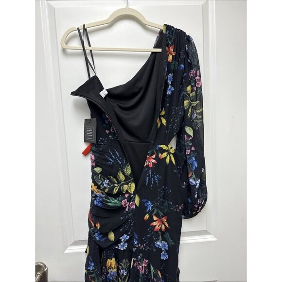 Mac Duggal Size 2 Black 55668 Floral One Shoulder Cut Out Cocktail Gown Dress - Picture 10 of 12